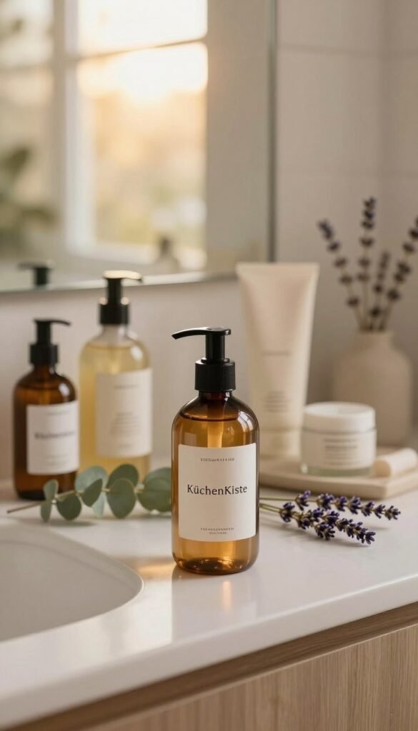 A serene bathroom setting featuring a well-organized, minimalist countertop adorned with various natural, calming cleansers. In the foreground, a stylish bottle with the label "KüchenKiste" catches the soft, warm light, reflecting a relaxing atmosphere. The middle ground showcases gentle, earthy tones with a collection of botanicals like eucalyptus and lavender, hinting at natural ingredients in the products. In the background, a softly blurred window filters in golden sunlight, creating a peaceful ambiance. The scene is artfully styled with a Pinterest aesthetic, evoking feelings of tranquility and efficient beauty routines, suitable for both day and night. Focus on achieving a clean, warm atmosphere with an inviting, authentic feel, free from any text or branding distractions.