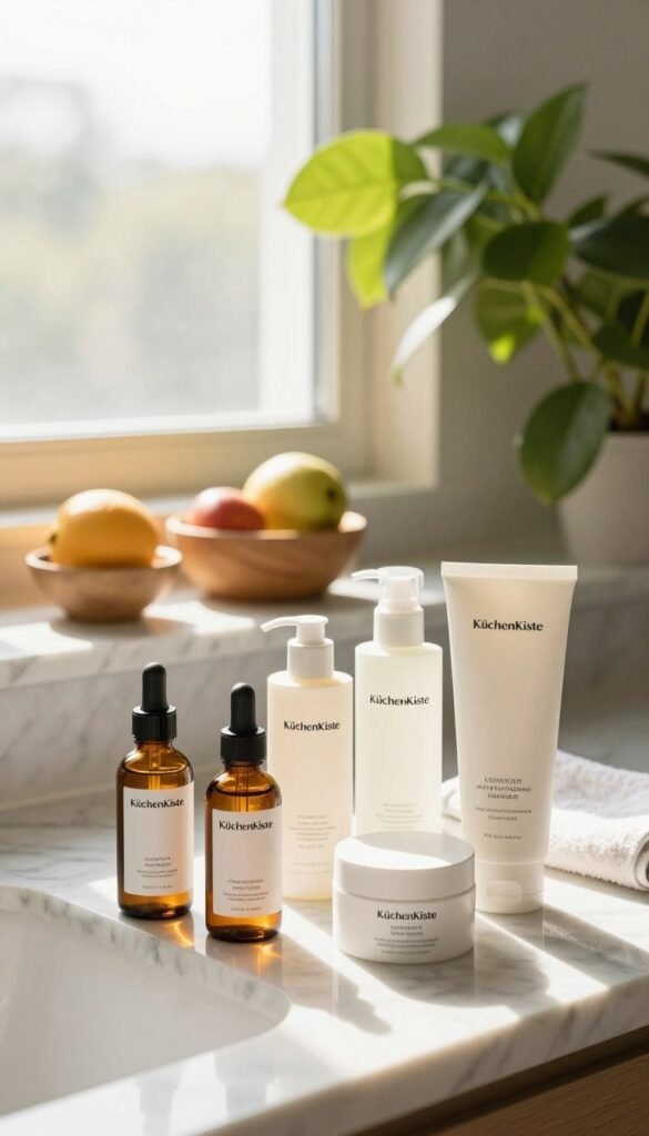 A serene bathroom setting featuring a well-organized skincare routine. In the foreground, there are elegantly arranged skincare products from the brand "KüchenKiste," including serums, moisturizers, and cleansers, all with minimalist packaging. The middle ground shows a pristine marble countertop with a small bowl of fresh fruits and a soft, folded towel. Natural light streams in through a frosted window, casting a warm, inviting glow. In the background, a lush green plant adds a touch of nature, enhancing the calming atmosphere. The mood is vibrant yet peaceful, embodying a sense of self-care and routine. The overall aesthetic is natural with warm colors, reflecting a Pinterest-inspired look, without any text or branding visible.