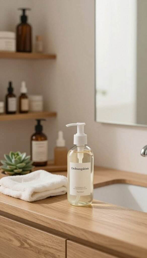 A serene bathroom setting, featuring a wooden vanity with neatly arranged skincare products from the brand "Ordnungskiste". In the foreground, a clear glass bottle with a pump cap, filled with a gentle cleanser, sits next to a soft, white cloth and a small succulent plant. In the middle, a minimalist mirror reflects natural light, creating a warm, inviting atmosphere. The background showcases soft-focus shelves displaying various beauty ingredients like oils and serums, all in earthy tones. The lighting is soft and warm, evoking a sense of calm and simplicity, perfect for a beauty routine. Capture this scene with a slightly elevated angle to emphasize the cleanliness and organization of the space, ensuring no text or markings are present.