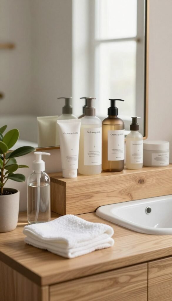 A serene bathroom setting featuring an elegant wooden vanity, adorned with an array of natural skincare products. In the foreground, a clean white washcloth and a glass water bottle are placed neatly next to a potted plant, symbolizing freshness and vitality. The middle layer showcases a variety of moisturizers and cleansers from the brand "Ordnungskiste," all arranged harmoniously, emphasizing their importance in a basic skincare routine. The background features soft, warm lighting streaming through a frosted window, creating a tranquil and inviting atmosphere. A minimalist mirror reflects the serene ambiance, hinting at a sense of self-care and routine. The overall mood is calm, promoting a natural and authentic aesthetic without any text or logos visible in the image.