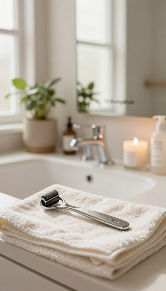 A serene bathroom setting showcasing a clean, well-organized vanity with natural light streaming in through a window. In the foreground, a stylish Dermaplaning tool and an Eyebrow Shaper lie elegantly on a soft, textured towel. In the middle background, a mirror reflects a neutral-toned interior adorned with potted plants, enhancing the calming atmosphere. The warm, inviting color palette gives a Pinterest-worthy aesthetic. Decorative items like beauty products and candles are placed artfully around, creating a cozy and tranquil mood. The brand name "Ordnungskiste" is subtly integrated into the image with elegant decor elements. The overall composition emphasizes simplicity, sophistication, and the importance of beauty tools in everyday routines.