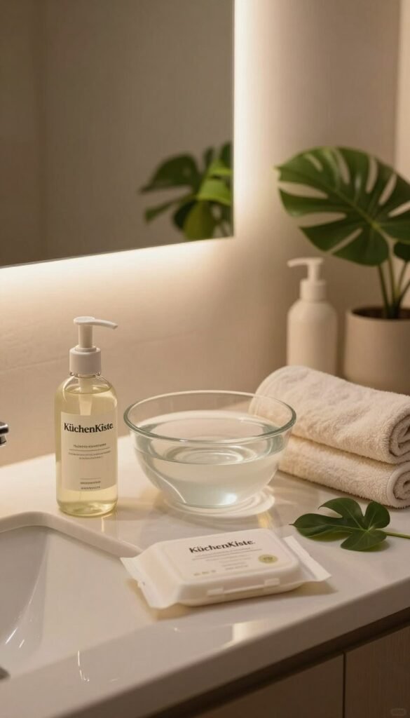 A serene bathroom setting showcasing a double cleansing routine. In the foreground, a beautifully arranged vanity with natural skincare products from "KüchenKiste," including a gentle cleanser in an elegant glass bottle and refreshing wipes. In the middle, a clear bowl of warm water, surrounded by soft, fluffy towels and a few leafy plants for an organic touch. The background features a softly lit mirror reflecting the tranquil ambiance, with warm, inviting colors and a touch of greenery. The scene is illuminated with soft, diffused lighting, creating a cozy and calming atmosphere. The image should evoke a sense of relaxation and self-care, perfect for an evening routine.
