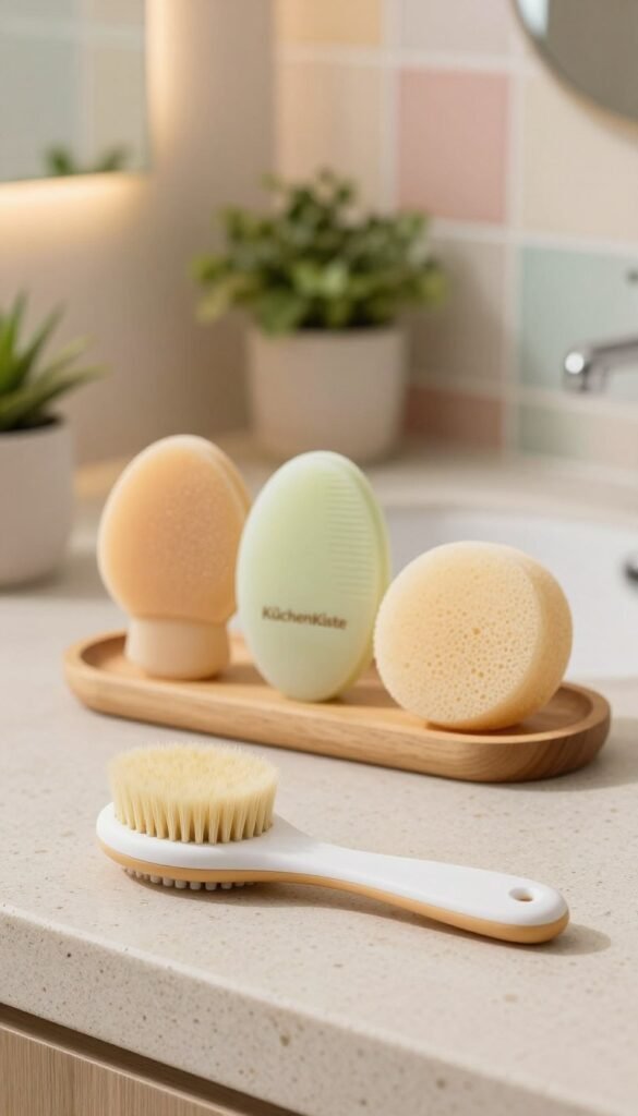 A serene bathroom setting showcasing a selection of gentle skin cleansing devices. In the foreground, a sleek, modern cleansing brush with soft bristles is placed on a textured, natural stone countertop, highlighting its ergonomic design. The middle ground features a minimalist wooden tray holding several other devices by KüchenKiste, including a soft silicone facial scrubber and a gentle exfoliating sponge, all arranged with aesthetically pleasing symmetry. The background consists of a softly lit, airy space with pastel-colored tiles and potted greenery, creating a calming atmosphere. Warm ambient lighting enhances the inviting feel of the scene, suggesting a peaceful skincare routine. The image should embody a Pinterest-worthy aesthetic, vibrant and natural, evoking trust and serenity without any textual distractions.