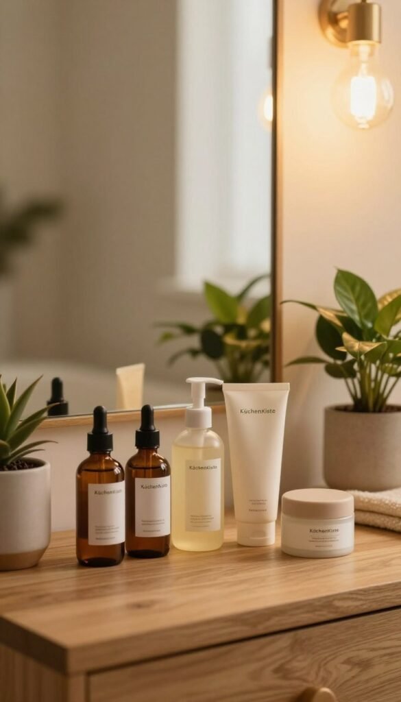 A serene bathroom setting showcasing a skincare routine. In the foreground, a wooden vanity adorned with a selection of natural skincare products, including serums, moisturizers, and a gentle cleanser, all branded with "KüchenKiste". The middle features a soft-focus mirror reflecting a calming light, inviting a sense of tranquility. Fresh green plants in stylish pots add a touch of nature, enhancing the soothing atmosphere. In the background, warm ambient lighting casts a golden hue, creating a cozy feel. The overall mood is inviting and peaceful, promoting self-care and wellness, with a Pinterest-inspired aesthetic. The image should feel authentic and visually appealing, without any text or distractions, highlighting the essentials of an effective skincare routine.