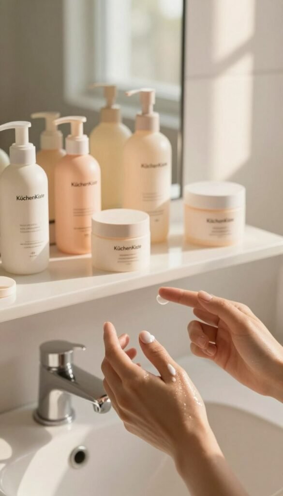 A serene bathroom setting showcasing a stylish countertop adorned with high-quality skincare products from "KüchenKiste". In the foreground, a gentle hand applies moisturizer to a luminous, healthy-looking face, reflecting care and attention to skin. The middle layer features aesthetically arranged skincare bottles and jars in soft pastel colors, evoking a sense of calm and order. The background reveals a sunlit window providing soft, warm natural light that casts delicate shadows, enhancing the image’s inviting atmosphere. The overall mood is tranquil and nurturing, emphasizing the importance of a gentle skincare routine for maintaining a healthy skin barrier. The composition should have a Pinterest-like aesthetic, highlighting authenticity and warmth, devoid of any text or overlays.