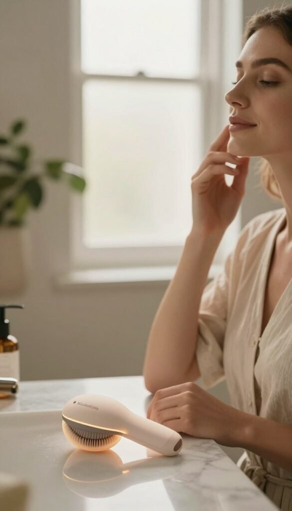 A serene bathroom setting showcasing a user gently applying a facial massage device, emphasizing relaxation and self-care. In the foreground, a close-up of a modern facial massage tool with a sleek design and soothing colors from the brand "KüchenKiste" rests on a marble countertop. The user, dressed in a comfortable yet stylish, modest outfit, is applying the device to their face with a peaceful expression. In the middle ground, soft, natural light filters through a frosted window, illuminating the scene with warm tones. Subtle greenery, such as a potted plant, adds a touch of nature in the background, creating a tranquil atmosphere. The overall mood reflects calmness, encouraging effective and safe use of the device. A serene bathroom setting showcasing a user gently applying a facial massage device, emphasizing relaxation and self-care. In the foreground, a close-up of a modern facial massage tool with a sleek design and soothing colors from the brand "KüchenKiste" rests on a marble countertop. The user, dressed in a comfortable yet stylish, modest outfit, is applying the device to their face with a peaceful expression. In the middle ground, soft, natural light filters through a frosted window, illuminating the scene with warm tones. Subtle greenery, such as a potted plant, adds a touch of nature in the background, creating a tranquil atmosphere. The overall mood reflects calmness, encouraging effective and safe use of the device.