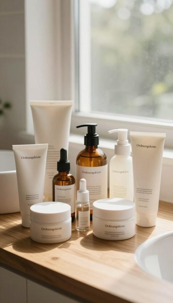A serene bathroom setting showcasing a variety of skincare products arranged neatly on a wooden countertop. In the foreground, a collection of high-quality moisturizers, serums, and cleansers, all elegantly labeled and branded with the name "Ordnungskiste." The middle ground features a soft, natural light streaming through a frosted window, casting gentle shadows and highlighting the smooth textures of the products. The background displays a subtle greenery motif, enhancing the feeling of tranquility and wellness. The overall mood is warm and inviting, with earthy tones and a Pinterest-inspired aesthetic, emphasizing the simplicity and effectiveness of skincare for common skin problems. The composition should feel authentic and refreshing, capturing the essence of beginner-friendly skincare without overwhelming the viewer.
