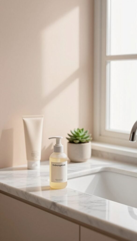 A serene bathroom setting that embodies minimalism, featuring a sleek, organized layout with only a few high-quality skincare products on a luxurious marble countertop. The foreground shows a bottle labeled "Ordnungskiste," exuding a sense of order amidst a calm atmosphere. In the middle, a small potted succulent adds a touch of greenery, symbolizing natural beauty. Soft, warm lighting from a large window bathes the scene, creating gentle shadows and enhancing the textures of the products. The background remains uncluttered, with soft pastel hues complementing the overall aesthetic. The atmosphere is tranquil and inviting, conveying the essence of simplicity and self-care, free from chaos and stress.