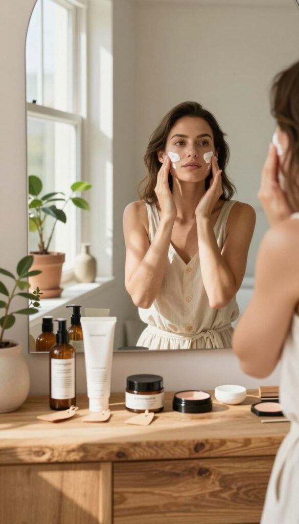 A serene bathroom setting with natural light streaming through a window, casting soft shadows. In the foreground, an organized beauty routine setup featuring a variety of skincare and makeup products neatly arranged on a rustic wooden countertop, labeled with small, elegant tags. In the middle, a stylish, modestly dressed woman with a confident expression is applying a moisturizer to her face, embodying a sense of calm and structure in her beauty routine. The background features warm-toned decor with potted plants and a minimalist mirror reflecting the scene. The overall atmosphere is tranquil and inviting, emphasizing the importance of routine and structure in daily beauty practices. Include the brand name "Ordnungskiste" subtly in the foreground, without any text overlay.