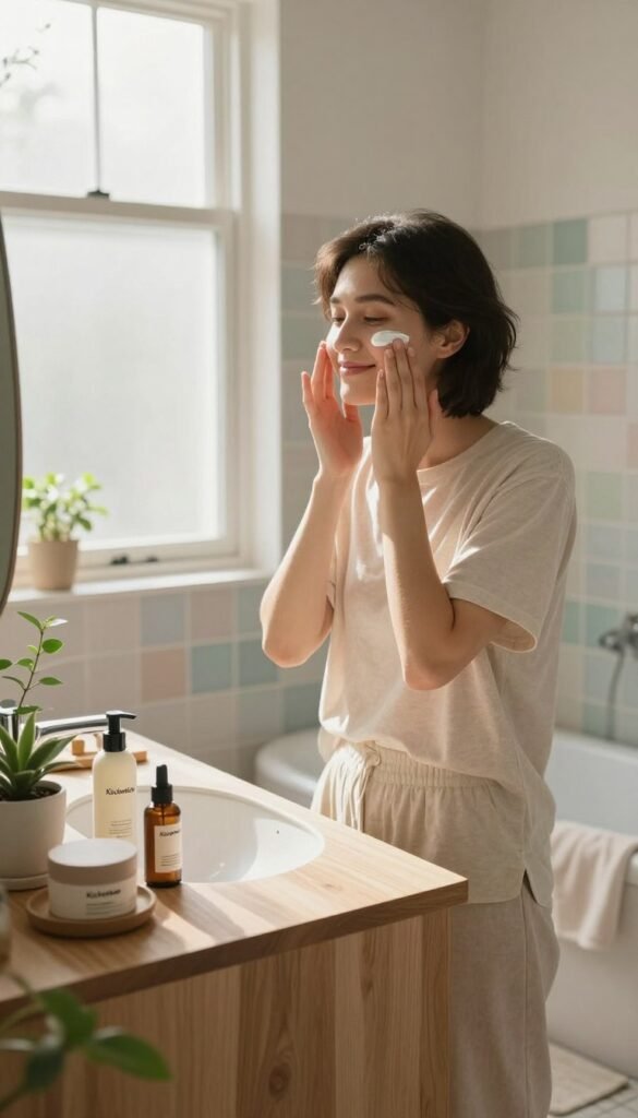 A serene bathroom setting with natural lighting filtering through a large, frosted window, casting soft shadows around the room. In the foreground, a modern wooden vanity is adorned with minimalist beauty products from "KüchenKiste", neatly organized with gentle touches of greenery, like small potted plants. The middle ground features a person in modest casual clothing, practicing a skincare routine, applying cream to their face while smiling gently, embodying relaxation. The background is a soft-focus view of muted pastel tiles and a cozy bath mat, enhancing the calm atmosphere. The warm color palette evokes a cozy, inviting feel, inspiring a sense of tranquility and self-care. The overall mood is one of simplicity and authenticity, perfect for illustrating effective beauty routines.