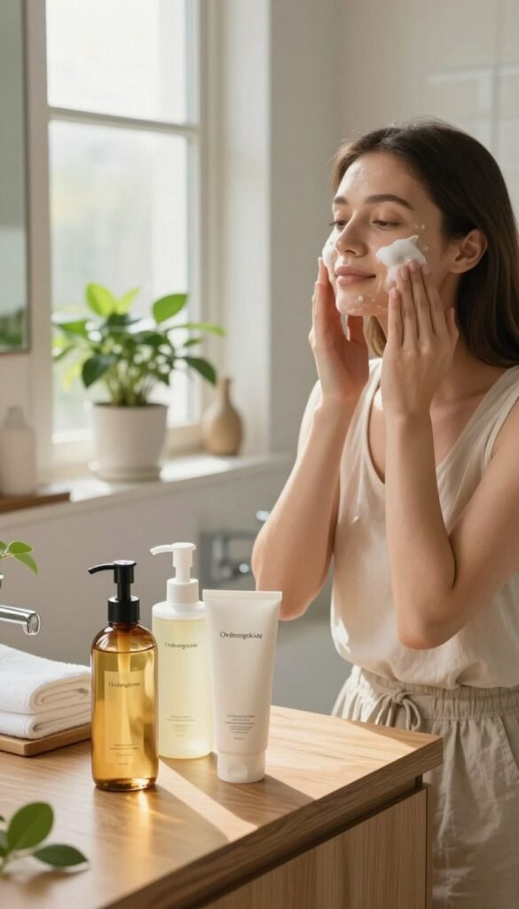 A serene bathroom setting with soft, natural lighting streaming through a frosted window, creating a warm and inviting atmosphere. In the foreground, a glass bottle of cleansing oil, a pump bottle of gel cleanser, and a foaming cleanser, elegantly arranged on a sleek wooden countertop. In the background, a neatly organized vanity adorned with lush green plants and neatly folded towels, providing a Pinterest-worthy aesthetic. The warm color palette enhances the calming mood. A confident young woman in modest casual clothing demonstrates the cleansing products on her face, with a look of tranquility and care. The brand name "Ordnungskiste" subtly integrated into the scene, emphasizing a sense of order and simplicity in skincare. The overall image conveys a message of smart skincare choices while maintaining an authentic and professional feel.