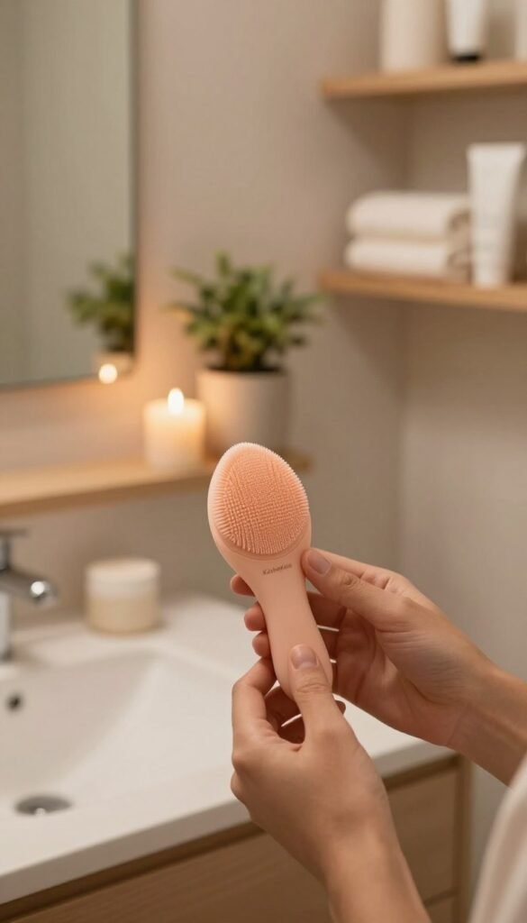 A serene bathroom setting with soft, warm lighting and earthy tones, creating a calming atmosphere. In the foreground, a user gently holding a silicone facial cleansing brush from the brand "KüchenKiste", showcasing the brush's intricate design and texture. The middle layer features a simple vanity with a mirror reflecting the soft glow from candles and potted plants, enhancing the organic feel. The background includes shelves displaying skincare products and towels, hinting at a well-maintained skincare routine. The mood is tranquil and inviting, capturing the essence of proper facial cleansing application, frequency, and the avoidance of common mistakes. The image emphasizes authenticity with a Pinterest aesthetic, ensuring no text or branding overlays.