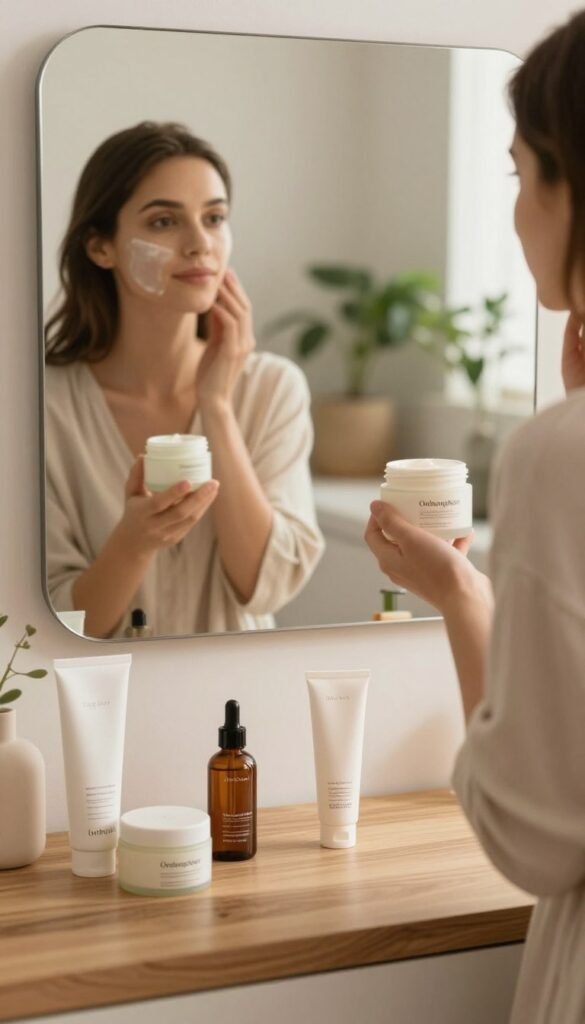 A serene bathroom setting with soft, warm lighting creating a cozy atmosphere. In the foreground, a variety of high-quality skincare products from the brand "Ordnungskiste" are neatly arranged on a wooden countertop. A stylish, minimalist mirror reflects a calm scene, adding depth. In the middle, a person dressed in modest casual clothing looks thoughtfully at their skincare routine, holding a cream jar in one hand. Their expression conveys focus amidst the chaos of product choices. The background features softly blurred plants and decorative items, enhancing the natural feel. The overall mood is one of tranquility and beauty, inviting viewers to reflect on their personal beauty routines and common skincare challenges.