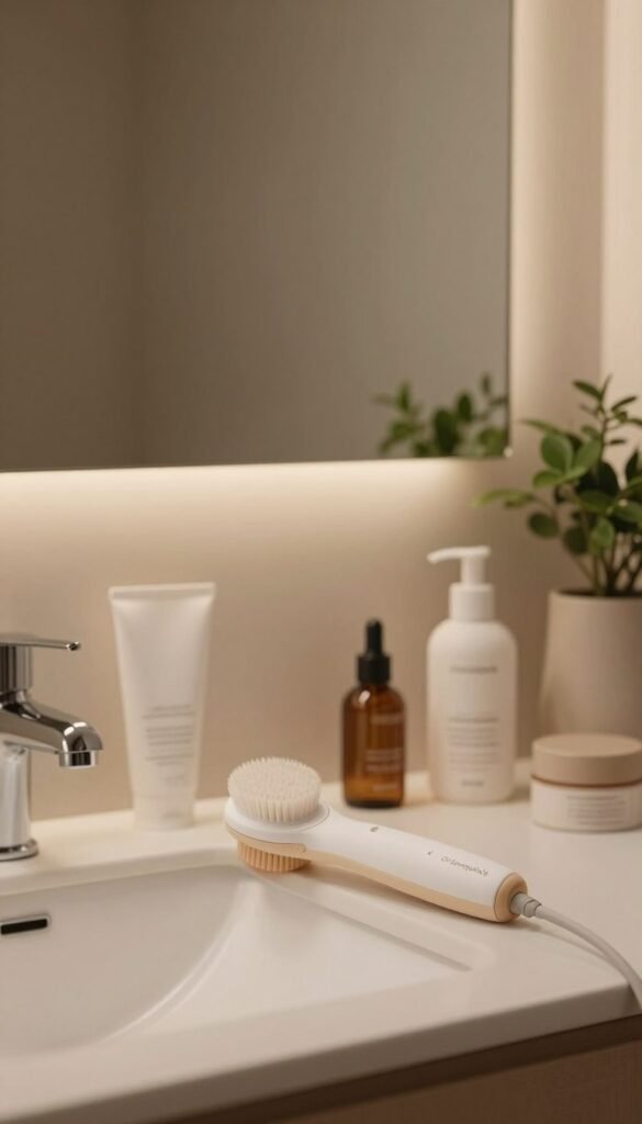 A serene bathroom setting with soft, warm lighting, featuring an elegant and modern sink. In the foreground, a stylish electric facial brush from the brand "Ordnungskiste" rests atop a pristine white countertop, surrounded by delicate skincare products like cleansers and moisturizers. The middle layer showcases a mirror reflecting a calm atmosphere, with hints of greenery in the background, such as small potted plants for a natural touch. The overall mood is one of tranquility and self-care, evoking a feeling that emphasizes the importance of thorough facial cleansing beyond the daily routine. The image should have a Pinterest-inspired aesthetic, rich in earthy tones and authenticity, devoid of any text or branding overlays.