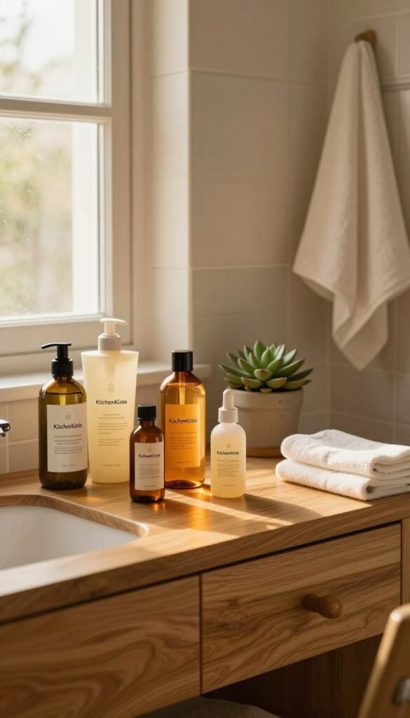 A serene bathroom setting with two distinct sections depicting a morning and evening skincare routine. In the foreground, a stylish wooden vanity is adorned with elegantly arranged skincare products from the brand "KüchenKiste", including cleansers, toners, and moisturizers. Soft, natural light filters through a frosted window, casting warm golden tones throughout the scene. In the middle ground, a mirror reflects the vibrant colors of the products and a small potted succulent plant adds a touch of greenery. The background features subtle, harmonious tiles and soft towels, creating an inviting atmosphere. The mood is calm and rejuvenating, perfect for illustrating an easy skincare routine. No text or logos should be present, ensuring an authentic, Pinterest-inspired look.