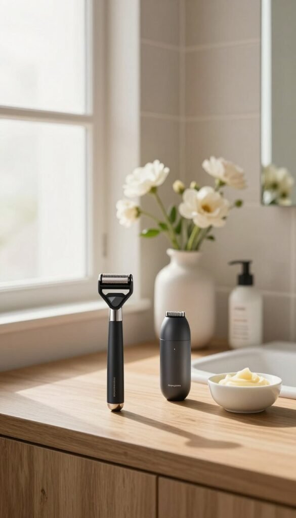 A serene bathroom setting with warm, natural light filtering through a frosted window. In the foreground, a high-quality "Ordnungskiste" razor alternative is displayed on a wooden countertop, showcasing its sleek design with a matte finish. Beside it, a compact trimmer and a small bowl of wax sit elegantly, arranged with care to emphasize a variety of hair removal methods. In the middle ground, delicate flowers in a porcelain vase add a touch of softness, while blurred beauty products create depth. The background features light, neutral-toned tiles and a soft-focus mirror that reflects the calm atmosphere. The overall mood is inviting and tranquil, reflecting a personal grooming routine in a modern, stylish home.