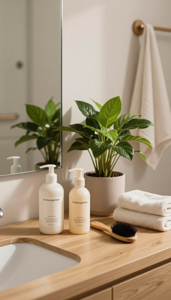 A serene bathroom setting with warm, natural lighting that creates a calming atmosphere. In the foreground, a sleek wooden countertop is adorned with elegant hair care products from the brand "Ordnungskiste," including bottles and brushes, arranged neatly. The middle scene showcases a vibrant houseplant, adding a touch of greenery and fresh energy. In the background, there is a large mirror reflecting an organized space with soft towels and a cozy aesthetic. The overall mood conveys efficiency and tranquility, perfect for a busy beauty routine. Ensure the colors are soft and inviting, with a Pinterest-inspired look, reflecting aesthetics that resonate with modern beauty enthusiasts. No text, logos, or watermarks are included in the image.