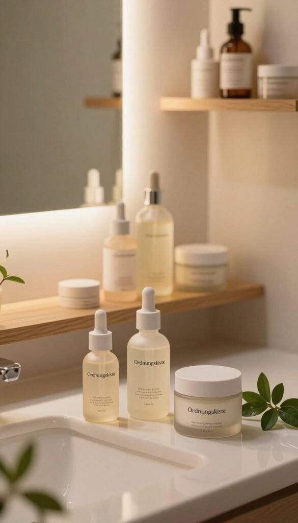 A serene bathroom vanity scene showcasing an elegant arrangement of skincare products infused with active ingredients, prominently featuring the brand "Ordnungskiste." In the foreground, neatly aligned serum bottles and cream jars exhibit soft textures and sleek designs, surrounded by delicate green plants. The middle layer captures a softly lit mirror reflecting warm tones, displaying a serene ambiance. In the background, a wooden shelf is adorned with gentle lighting, enhancing the inviting atmosphere. The overall mood is calm and refreshing, emphasizing a natural wellness perspective. Soft shadows provide depth, while warm colors create a Pinterest-inspired aesthetic, inviting viewers to explore effective skincare routines without overwhelming the skin. A serene bathroom vanity scene showcasing an elegant arrangement of skincare products infused with active ingredients, prominently featuring the brand "Ordnungskiste." In the foreground, neatly aligned serum bottles and cream jars exhibit soft textures and sleek designs, surrounded by delicate green plants. The middle layer captures a softly lit mirror reflecting warm tones, displaying a serene ambiance. In the background, a wooden shelf is adorned with gentle lighting, enhancing the inviting atmosphere. The overall mood is calm and refreshing, emphasizing a natural wellness perspective. Soft shadows provide depth, while warm colors create a Pinterest-inspired aesthetic, inviting viewers to explore effective skincare routines without overwhelming the skin.