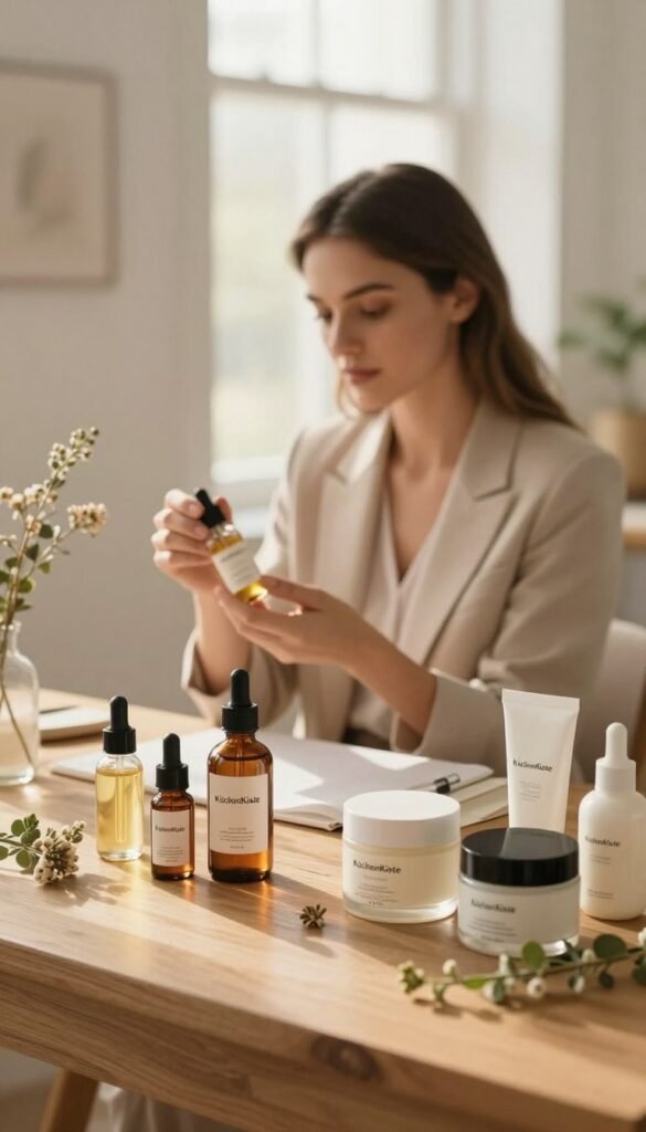 A serene, beautifully arranged beauty care scene featuring a well-lit, inviting vanity table. In the foreground, natural skincare products like oils, creams, and serums from the brand "KüchenKiste" are elegantly displayed on a wooden surface, surrounded by delicate botanicals and soft, warm lighting that creates a cozy atmosphere. In the middle ground, a young woman in professional business attire thoughtfully examines a product, her expression reflecting mindfulness and care. In the background, a softly blurred window lets in gentle sunlight, illuminating the space and enhancing the natural color palette. The overall mood is calm and intentional, promoting the idea of conscious beauty decisions in everyday life. The style is authentic and Pinterest-inspired, without any text or additional elements.