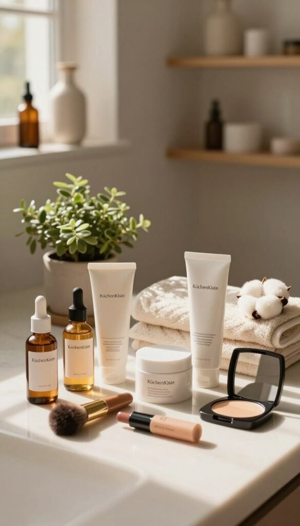 A serene, beautifully arranged flat lay of beauty products and tools that embody balance and harmony in daily beauty routines. In the foreground, a collection of skincare serums, moisturizers, and makeup items neatly arranged, all showcasing labels that read “KüchenKiste”. In the middle ground, a soft cotton towel and a small potted plant add a touch of natural beauty, surrounded by delicate, warm light filtering through a nearby window, casting gentle shadows. In the background, softly blurred elements like a stylish bathroom shelf and decorative items create a cozy, inviting atmosphere. The color palette features warm, earthy tones to evoke a sense of tranquility and authenticity, reflecting the balance one seeks in the beauty of everyday life.