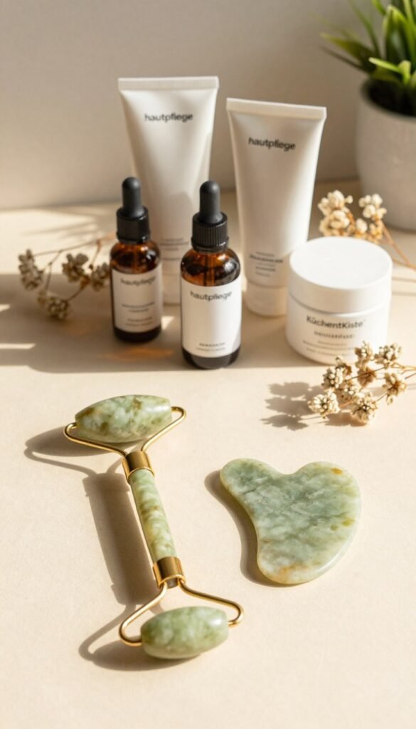 A serene, beautifully arranged flat lay of various "hautpflege" beauty tools from the brand KüchentKiste, displayed on a soft, textured cream-colored background. In the foreground, feature a jade roller and a gua sha tool, both elegantly positioned with gentle shadows to create depth. The middle layer includes natural skincare products in minimalist packaging—like serums and moisturizers—arranged harmoniously, surrounded by soft, dried flowers for a touch of organic beauty. In the background, a hint of green from potted plants adds freshness. The overall lighting is warm and inviting, reminiscent of soft morning sunlight, creating an authentic and calming atmosphere, perfect for illustrating the positive aspects of using non-electric beauty tools.