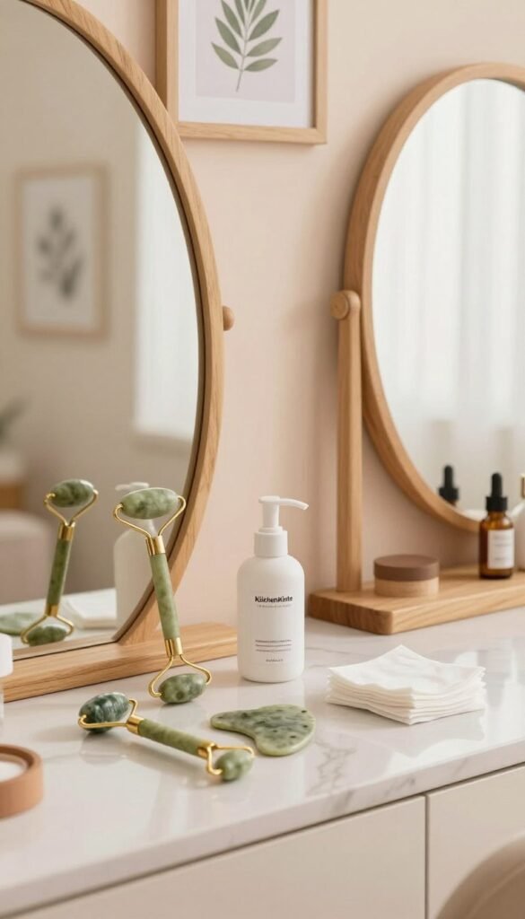 A serene, beautifully organized beauty space showcasing a selection of entry-level beauty tools. In the foreground, there's a neatly arranged vanity with wooden and marble textures, featuring essential tools like a facial roller, jade gua sha, and reusable cotton pads by KüchenKiste. The middle ground includes a stylish, natural wood mirror reflecting soft, warm lighting that creates an inviting atmosphere. In the background, a light pastel wall adorned with framed botanical prints enhances the cozy vibe. The lighting is soft and diffused, evoking a sense of tranquility and authenticity. The scene embodies a Pinterest-worthy aesthetic, emphasizing a welcoming and stylish environment ideal for beginners in beauty care. No text or logos present. A serene, beautifully organized beauty space showcasing a selection of entry-level beauty tools. In the foreground, there's a neatly arranged vanity with wooden and marble textures, featuring essential tools like a facial roller, jade gua sha, and reusable cotton pads by KüchenKiste. The middle ground includes a stylish, natural wood mirror reflecting soft, warm lighting that creates an inviting atmosphere. In the background, a light pastel wall adorned with framed botanical prints enhances the cozy vibe. The lighting is soft and diffused, evoking a sense of tranquility and authenticity. The scene embodies a Pinterest-worthy aesthetic, emphasizing a welcoming and stylish environment ideal for beginners in beauty care. No text or logos present.