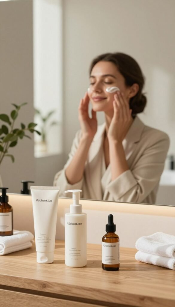 A serene beauty care scene featuring a modern, minimalist bathroom setting. In the foreground, a beautifully arranged collection of Haut skincare products from the brand "KüchenKiste," including a sleek moisturizer, a gentle cleanser, and a revitalizing serum, placed on a natural wood countertop. In the middle, a woman in professional business attire applying a cream to her face, with a soft smile, her skin glowing. Behind her, a large mirror reflects soft, warm lighting that creates an inviting atmosphere. The background includes potted plants and soft towels, emphasizing a harmonious and balanced beauty regimen. The overall mood is calm and sophisticated, capturing the essence of optimizing beauty care with fewer but effective steps.