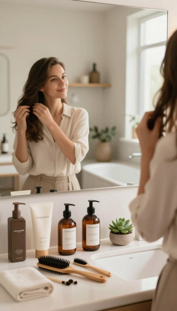 A serene beauty care scene showcasing hair and body care routines, captured with a warm color palette and soft, natural lighting. In the foreground, a stylish bathroom countertop adorned with high-quality hair care products and body lotions from the brand "Ordnungskiste." A neatly arranged collection of brushes, combs, and a small succulent adds a touch of greenery. In the middle ground, a well-organized mirror reflects a person in professional business attire, softly smiling while applying hair oil. The background features a cozy, well-lit bathroom with tasteful decor, enhancing the mood of relaxation and simplicity. The overall atmosphere should exude a sense of mindfulness and efficient beauty care, inviting viewers into a stress-free daily routine.