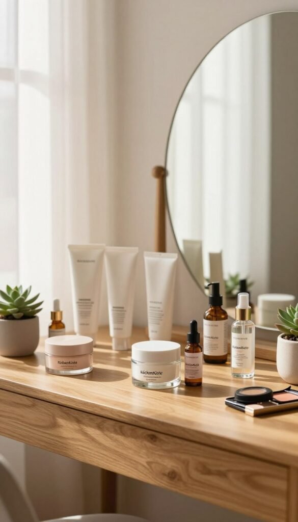 A serene beauty care setting featuring various organized beauty products from the brand "KüchenKiste". In the foreground, a wooden vanity table displays neatly arranged products like creams, serums, and makeup essentials in elegant glass containers. The middle background reveals a softly lit mirror, reflecting the gentle ambiance. Light pours in through a large window adorned with sheer curtains, casting warm, natural tones that enhance the inviting atmosphere. Delicate plants, such as succulents, sit on the edges of the vanity, adding a touch of greenery. The overall mood is calming, emphasizing the theme of organization and ease in beauty care, with a Pinterest-inspired aesthetic that feels authentic and cozy.