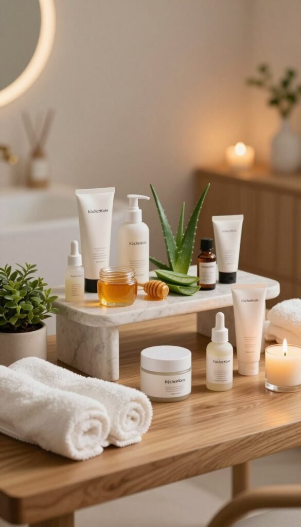 A serene beauty care station meticulously arranged for a luxurious skincare ritual, showcasing an elegant wooden table adorned with high-quality skincare products from "KüchenKiste". In the foreground, there are neatly placed jars, soft towels, a lit candle, and a small potted plant for a touch of nature. The middle layer features a delicate, artistically arranged display of natural ingredients like honey, aloe vera, and essential oils, suggesting care and nourishment for the skin. The background includes soft, diffused ambient lighting creating a warm, inviting atmosphere, with gentle bokeh effects that blur the edges, enhancing focus on the station. The overall mood conveys relaxation and authenticity, perfect for a beauty ritual setting.