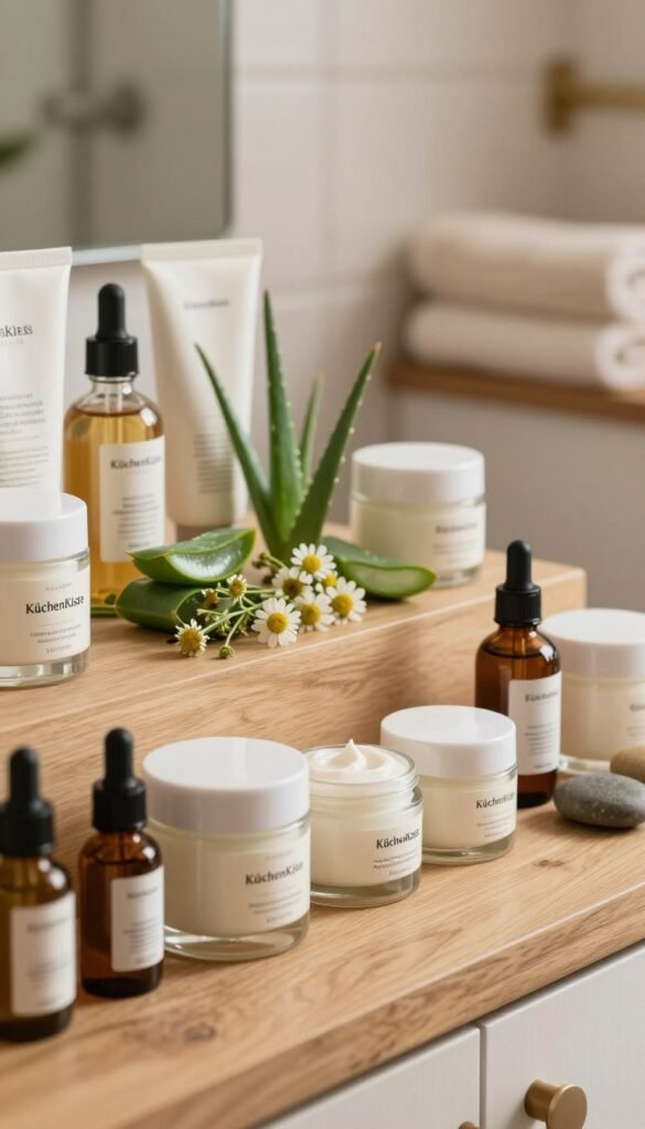 A serene beauty product display focusing on moisturizers designed for different skin types, featuring a wooden countertop adorned with natural skincare items like creams and serums. In the foreground, elegant glass jars labeled for hydration, with gentle reflections and soft lighting, give a warm, inviting glow. The middle layer shows a soft-focus arrangement of botanicals, such as aloe vera and chamomile, symbolizing hydration and natural ingredients. In the background, a cozy bathroom setting with warm colors and organic textures, like towels and stones, creates a calming atmosphere. The overall mood is fresh and inviting, appealing to those seeking skincare advice, and includes the brand "KüchenKiste" subtly integrated into the scene, enhancing the aesthetic without any text or labels.