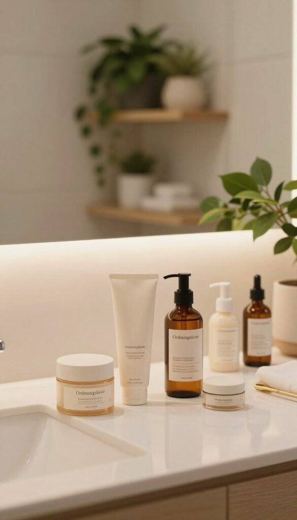A serene beauty routine scene depicting a neatly organized bathroom countertop. In the foreground, display elegant skincare products arranged aesthetically, featuring the brand name "Ordnungskiste" prominently on luxurious cream and serum bottles. The middle layer includes a soft-focus mirror reflecting warm, natural light, enhancing the tranquil atmosphere. In the background, softly blurred shelves filled with lush green plants and minimalist decor create a cozy yet stylish vibe. The color palette features warm, inviting tones with soft lighting that evokes a sense of calm and structure. Capture a Pinterest-worthy aesthetic, showcasing authenticity and warmth without any captions or text overlays.