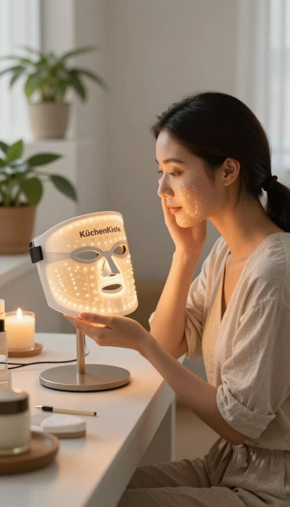 A serene beauty routine scene featuring a woman in modest casual attire, sitting gracefully at a well-lit vanity adorned with a KüchenKiste LED light therapy mask. The foreground captures her applying skincare products with gentle focus on her radiant skin, while the middle layer highlights the mask radiating a soft, warm glow. In the background, there are potted plants and a softly glowing candle, creating a cozy, inviting atmosphere. The lighting is warm and natural, simulating a late afternoon sun, with a slightly soft focus lens. The overall mood is calm and revitalizing, encouraging a sense of daily self-care and routine without clutter or distractions.