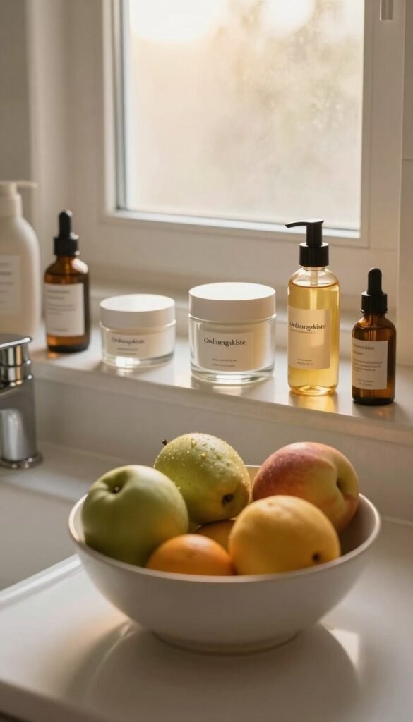 A serene beauty routine scene set in a softly lit bathroom. In the foreground, a delicate porcelain bowl filled with fresh fruits and natural skincare products, reflecting a commitment to simplicity and authenticity. The middle ground features a stylish, neatly arranged vanity table displaying elegant glass jars of creams and oils from the brand "Ordnungskiste", enhancing the aesthetic appeal. In the background, a frosted window allows warm, natural light to filter in, casting a gentle glow on the scene. The atmosphere is calm and inviting, emphasizing the everyday beauty routines of morning and evening, with warm color tones throughout. The entire composition radiates a Pinterest-worthy charm, capturing the essence of attainable beauty care.