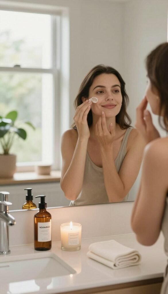 A serene beauty routine scene, showcasing a modern bathroom with warm, natural lighting that creates an inviting atmosphere. In the foreground, a stylish countertop adorned with elegant skincare products, including a sleek glass bottle from "KüchenKiste," a delicate candle, and a soft washcloth. The middle of the image features a graceful woman in modest, casual attire, happily applying serum to her face while sitting at the vanity; her reflection shows a sense of contentment and focus. In the background, a large window allows soft natural light to filter in, illuminating potted plants that add a touch of greenery. The overall composition should convey a sense of tranquility and authenticity, capturing the essence of an achievable daily beauty routine.