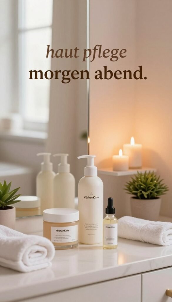 A serene beauty routine setting that reflects the notion of "haut pflege morgen abend." In the foreground, a neatly arranged bathroom counter features elegant skincare products from the brand "KüchenKiste," surrounded by soft towels and a small potted plant. The middle ground showcases a mirror reflecting warm, ambient lighting that highlights the spa-like atmosphere, enriched with gentle light coming from candles. In the background, soft pastel colors envelop the space, with a glimpse of a cozy, inviting atmosphere enhanced by natural sunlight filtering through a window. The overall mood is calm and rejuvenating, suggesting a structured yet relaxing beauty routine for both morning and evening. The image captures an authentic Pinterest aesthetic, free of text or overlays.