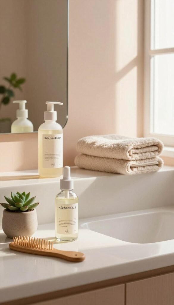 A serene beauty routine setup featuring a minimalist bathroom countertop, adorned with natural skincare products from the brand "KüchenKiste". In the foreground, a sleek glass dispenser filled with a soothing serum and a wooden comb beside a small potted succulent. The middle layer showcases a soft, fluffy towel neatly folded, next to an elegant mirror reflecting gentle sunlight filtering through a nearby window. The background is a calming pastel wall with subtle greenery peeking in, evoking an atmosphere of tranquility and simplicity. The lighting is warm and inviting, accentuating the textures of the products and creating a cozy, Pinterest-inspired aesthetic. The overall mood is one of relaxation and self-care, perfect for illustrating a streamlined beauty routine.