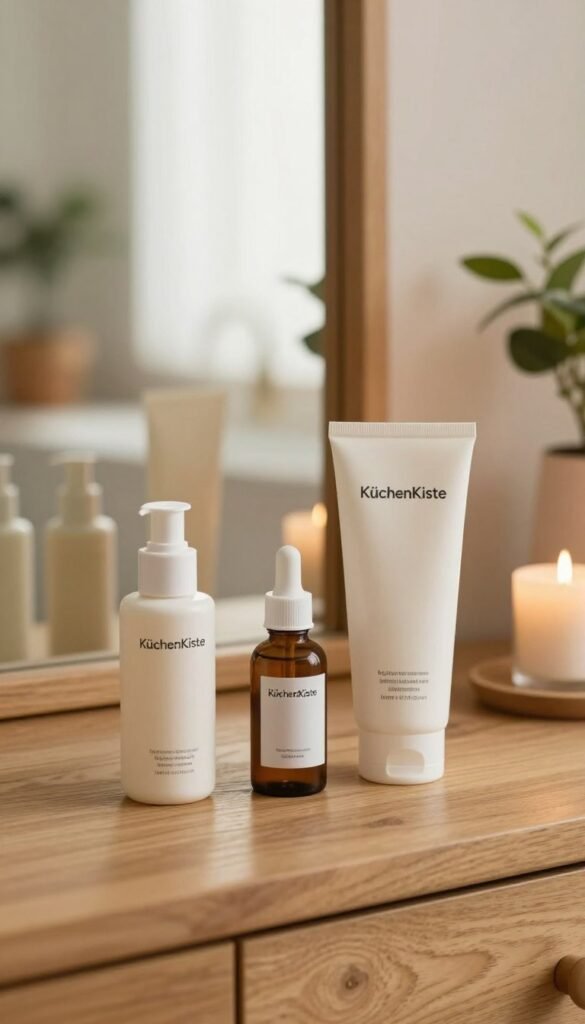 A serene beauty routine setup featuring essential skincare products artfully arranged on a wooden vanity. In the foreground, neatly placed, there are a moisturizer, a serum, and a gentle cleanser, all elegantly packaged with the brand name "KüchenKiste" clearly visible. The middle ground showcases a mirror reflecting warm, natural light that enhances the soft textures of the products. The background is softly blurred, hinting at a cozy, inviting bathroom with potted plants and softly lit candles for a calming atmosphere. The overall color palette features warm, inviting tones, evoking a sense of comfort and authenticity, ideal for illustrating a streamlined beauty routine. The image captures a tranquil mood, emphasizing simplicity and elegance without any text or distractions.