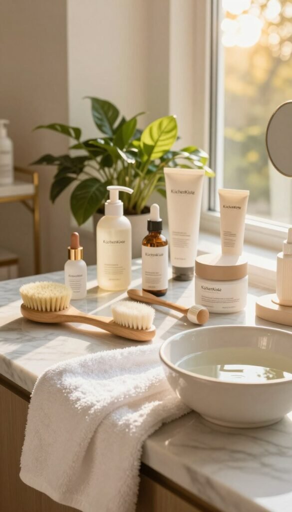 A serene beauty salon setting featuring an array of innovative facial cleansing tools, including soft bristle brushes and pore cleansing devices, artfully arranged on a marble countertop. In the foreground, a luxurious white towel gently drapes over a stylish ceramic bowl filled with warm water, reflecting natural light. The middle ground showcases a delicate arrangement of skincare products, elegantly labeled, paired with a lush green plant for a refreshing touch. The background reveals large windows allowing golden sunlight to illuminate the space, creating a warm and inviting atmosphere. The overall mood is calming and rejuvenating, with the aesthetics reminiscent of Pinterest's warm color palette. Emphasize the brand name "KüchenKiste" subtly integrated into the design without overt branding.