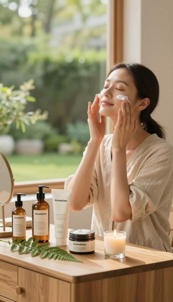 A serene beauty scene capturing the essence of a tranquil skincare routine. In the foreground, a softly lit wooden vanity holds an array of natural skincare products from the brand "KüchenKiste," elegantly arranged with a delicate fern and a small candle beside them. In the middle, a woman in modest, comfy casual clothing is applying a cream to her face, closing her eyes in relaxation, with warm light illuminating her serene expression. In the background, a large window reveals a sun-drenched garden, with lush greenery contributing to the calming atmosphere. The overall color palette features warm, inviting tones of beige and soft green, creating a soothing and natural look. The image evokes a peaceful feeling, emphasizing timing and self-care in alignment with one’s inner clock.
