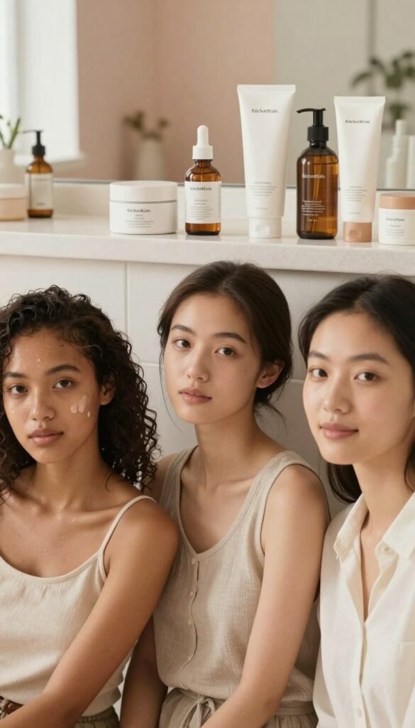 A serene beauty scene depicting various skin types represented through elegant, soft appearances. In the foreground, showcase three diverse individuals with different skin types—one with oily skin, another with dry skin, and a third with combination skin—each wearing modest casual clothing and adorned with minimal, natural makeup. The middle ground features an inviting bathroom countertop, elegantly arranged with skincare products labeled by skin type, such as moisturizers and serums, reflecting a harmonious aesthetic. The background includes softly blurred pastel-colored interior decor, enhancing the warm color palette. Emphasize natural lighting, providing a cozy, inviting atmosphere, and utilize a gentle focus that highlights the authenticity of the scene. This image embodies the essence of understanding skin types through beauty routines, with stylish yet approachable elements from the brand "KüchenKiste."