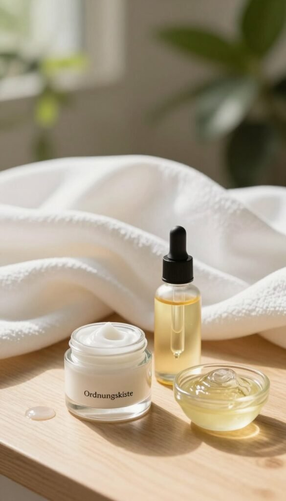 A serene beauty scene depicting various skincare products emphasizing moisture, oils, and creams. In the foreground, display a glass jar of cream, a dropper bottle of oil, and a small bowl of a hydrating gel, all arranged elegantly on a light wooden surface. The middle ground should feature a soft, flowing white cloth draped artistically, enhancing the natural aesthetic. In the background, include blurred greenery and a hint of soft sunlight filtering through, creating a warm, inviting atmosphere. Capture the essence of beauty with natural colors, warm lighting, and a Pinterest-inspired layout. Avoid any text or branding directly on the products. Incorporate the brand name "Ordnungskiste" subtly into the scene, ensuring it remains unobtrusive.