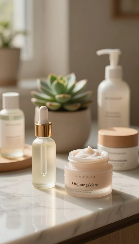 A serene beauty scene depicting various skincare products focused on hydration, such as serums, creams, and eye care essentials, arranged elegantly on a marble countertop. In the foreground, a dropper bottle of serum and a delicate jar of cream, with soft, dewy textures reflecting natural light. The middle layer features a softly blurred succulent plant, enhancing the fresh, natural vibe. In the background, warm tones of a softly lit aesthetic room create a cozy atmosphere, flooded with gentle sunlight. The colors are earthy with a Pinterest-inspired aesthetic, emphasizing a minimalist yet inviting feel. Include subtle branding for "Ordnungskiste" on the cream jar, maintaining a clean overall appearance devoid of any text overlays. The image exudes calmness and a sense of refined luxury, perfect for a beauty article focused on hydration without the clutter of excessive products.