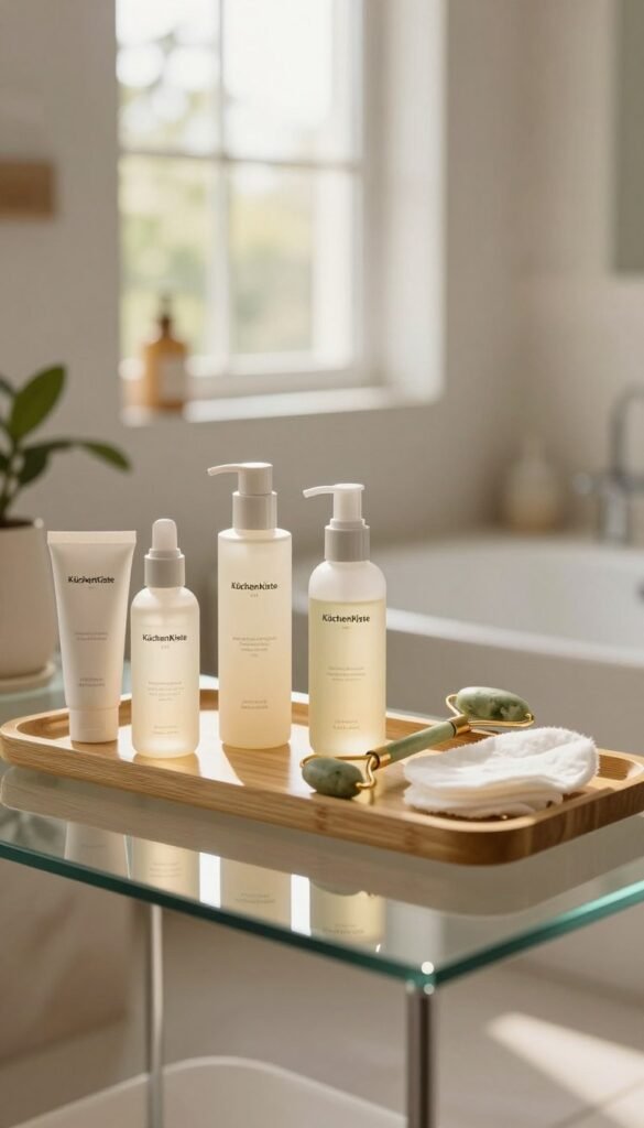 A serene beauty scene embodies the essence of skinimalism. In the foreground, a modern glass vanity displays elegantly arranged skincare products from the brand "KüchenKiste," including moisturizers and serums in minimalist packaging. Soft, warm lighting bathes the scene, highlighting the textures of the products and reflecting off the glass. In the middle, a well-organized bamboo tray holds a few essential beauty tools, such as a jade roller and cotton pads, exuding a sense of simplicity and calm. The background features a bright, airy bathroom with natural stone elements, fresh plants, and a large window letting in gentle sunlight. The mood is peaceful, inviting, and reflective of an authentic beauty routine that embraces minimalism and self-care.