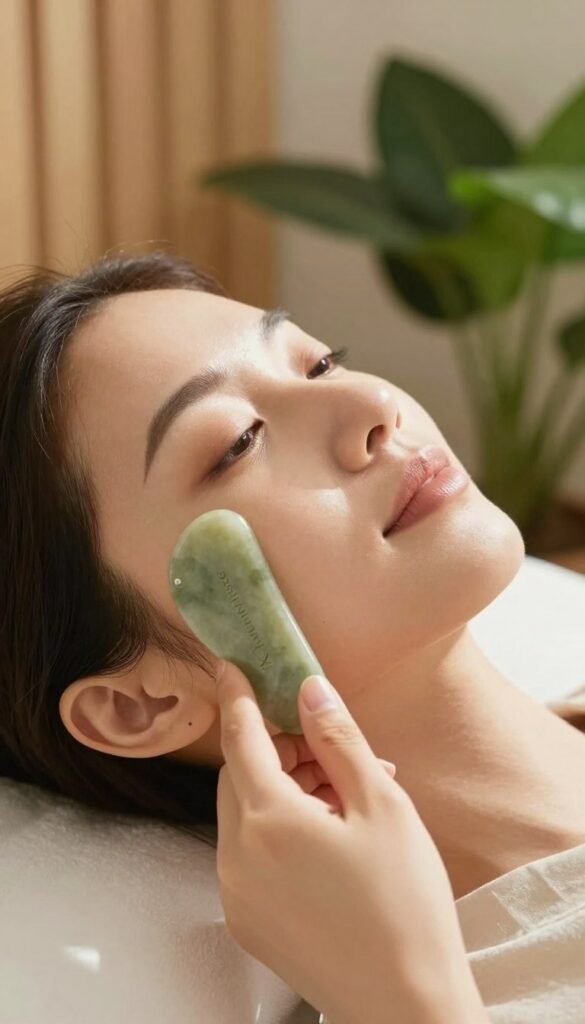 A serene beauty scene featuring a close-up of a face receiving a gua sha treatment. The subject, a woman with a calm and relaxed expression, is depicted in professional and modest attire. She is positioned in the foreground, with a gentle hand gliding a jade gua sha tool along her cheekbone, accentuating the tool's smooth curve. In the middle ground, soft, warm lighting highlights the contours of her face and the delicate texture of her skin, creating a soothing atmosphere. The background features a blurred, minimalist aesthetic with natural elements, like lush green plants and wooden textures, enhancing the authentic and Pinterest-inspired look. The composition focuses on the intimacy and care of this beauty ritual, evoking a sense of relaxation and well-being. Brand name "KüchenKiste" subtly incorporated in a natural setting.