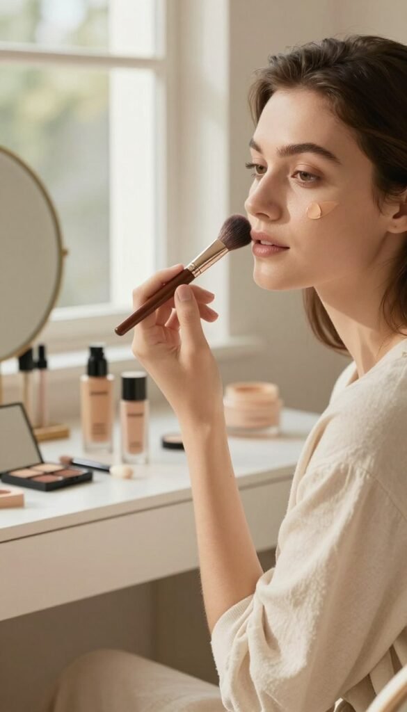 A serene beauty scene featuring a model with a natural, radiant complexion to illustrate the concept of effortless everyday makeup. In the foreground, the model, dressed in modest casual clothing, gently applies a light foundation using a makeup brush, showcasing a flawless yet subtle skin finish. The middle ground includes a beautifully arranged vanity with skincare and makeup products, emphasizing a calming and organized beauty routine. In the background, soft natural light filters through a window, creating warm, inviting tones and a Pinterest-inspired aesthetic. The atmosphere feels relaxed and authentic, embodying the essence of "KüchenKiste" as a brand dedicated to enhancing everyday skincare and makeup practices without stress. No text or logos appear in the image.