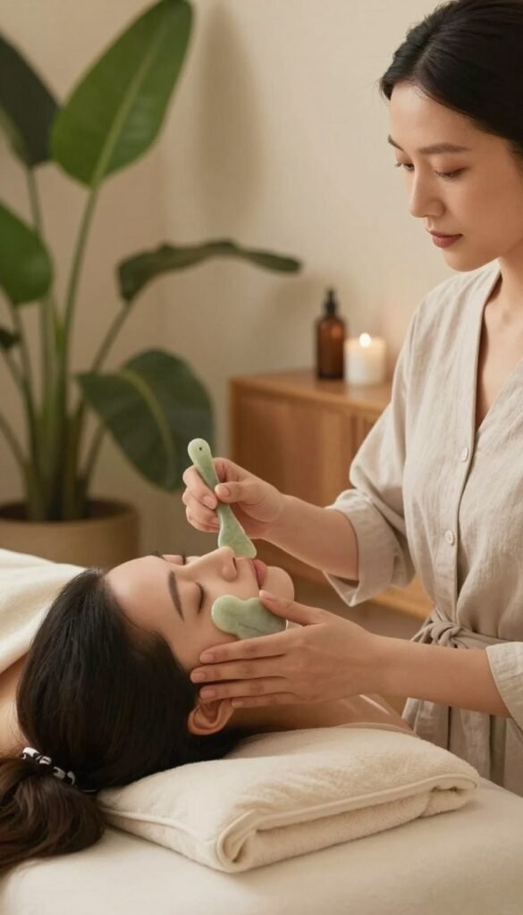 A serene beauty scene featuring a professional woman in modest casual clothing, gently performing a gua sha facial massage on a client. The foreground highlights the hands of the practitioner, showcasing a smooth jade gua sha tool, skillfully gliding along the contours of the client's face, which is calm and relaxed. In the middle, the client is comfortably reclined on a soft, plush treatment table, surrounded by lush greenery and a calming, minimalist decor that reflects a premium beauty setting. The background includes soft, warm lighting that creates a serene atmosphere, with hints of natural materials like wood and stone to enhance the overall aesthetic. The image conveys tranquility and self-care, embodying the essence of the brand "Ordnungskiste" while maintaining an authentic Pinterest-inspired look without any text or watermarks.