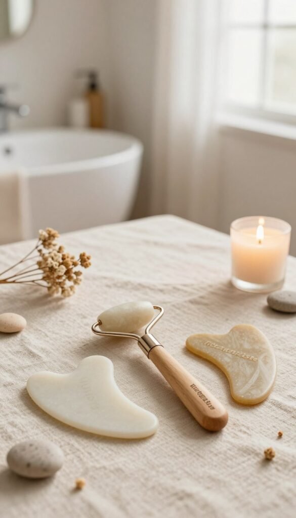 A serene beauty scene featuring a stylish flat lay of "KüchenKiste" cooling tools, including Gua Sha and facial massage devices. In the foreground, place a beautifully arranged selection of these tools on a soft, natural textured surface, like linen, enhancing the warm color palette. Include delicate, aesthetically pleasing elements such as dried flowers, small stones, and a calming candle to evoke a soothing atmosphere. In the middle, showcase a blurred background of a softly lit bathroom or vanity space, giving a hint of elegance with natural light filtering through a window. Aim for a Pinterest-inspired look that feels authentic and inviting, without any text or branding elements. Ensure everything is portrayed in a soft, warm light, capturing the benefits against swelling and stress. A serene beauty scene featuring a stylish flat lay of "KüchenKiste" cooling tools, including Gua Sha and facial massage devices. In the foreground, place a beautifully arranged selection of these tools on a soft, natural textured surface, like linen, enhancing the warm color palette. Include delicate, aesthetically pleasing elements such as dried flowers, small stones, and a calming candle to evoke a soothing atmosphere. In the middle, showcase a blurred background of a softly lit bathroom or vanity space, giving a hint of elegance with natural light filtering through a window. Aim for a Pinterest-inspired look that feels authentic and inviting, without any text or branding elements. Ensure everything is portrayed in a soft, warm light, capturing the benefits against swelling and stress.
