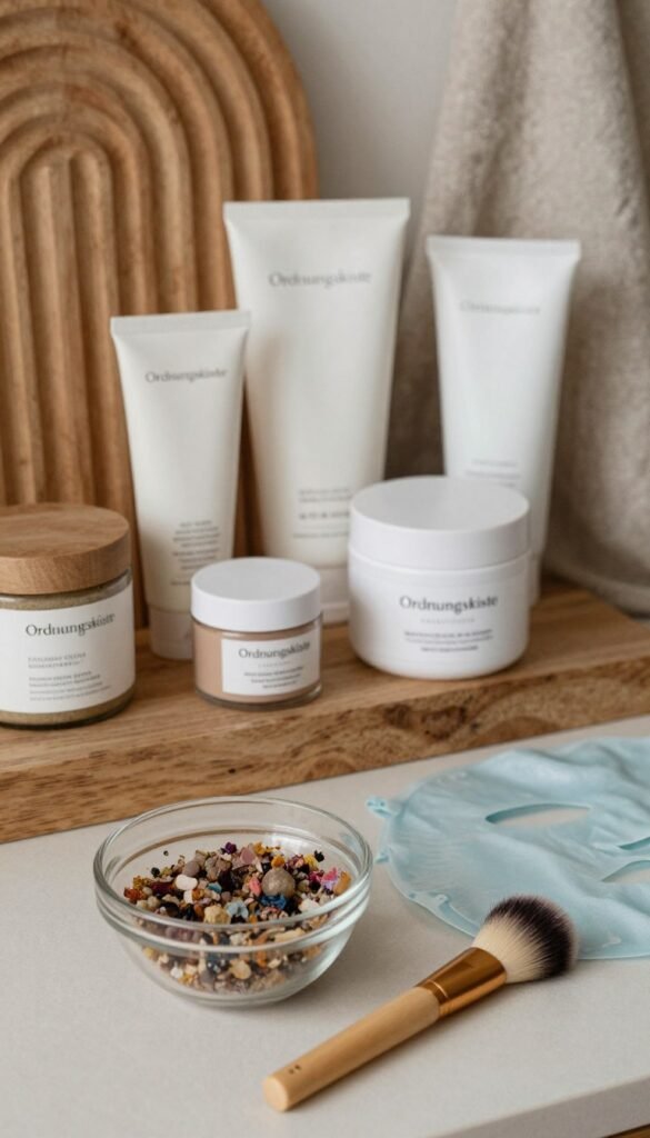 A serene beauty scene featuring a stylish, modern vanity setup, showcasing an array of skincare products including exfoliating scrubs and soothing masks. In the foreground, a delicate glass bowl filled with a colorful, natural peel is beside an elegant brush, emphasizing the act of self-care. The middle section displays a collection of neatly arranged beauty items with soft, organic textures, evoking a cozy, inviting atmosphere. The background features warm, muted tones and natural textures like wood and linen, enhancing the rustic charm. Soft, diffused lighting illuminates the scene, creating a tranquil ambiance. Capture the essence of "Ordnungskiste" through a Pinterest-inspired aesthetic, focusing on authenticity and beauty without any text or distracting elements.