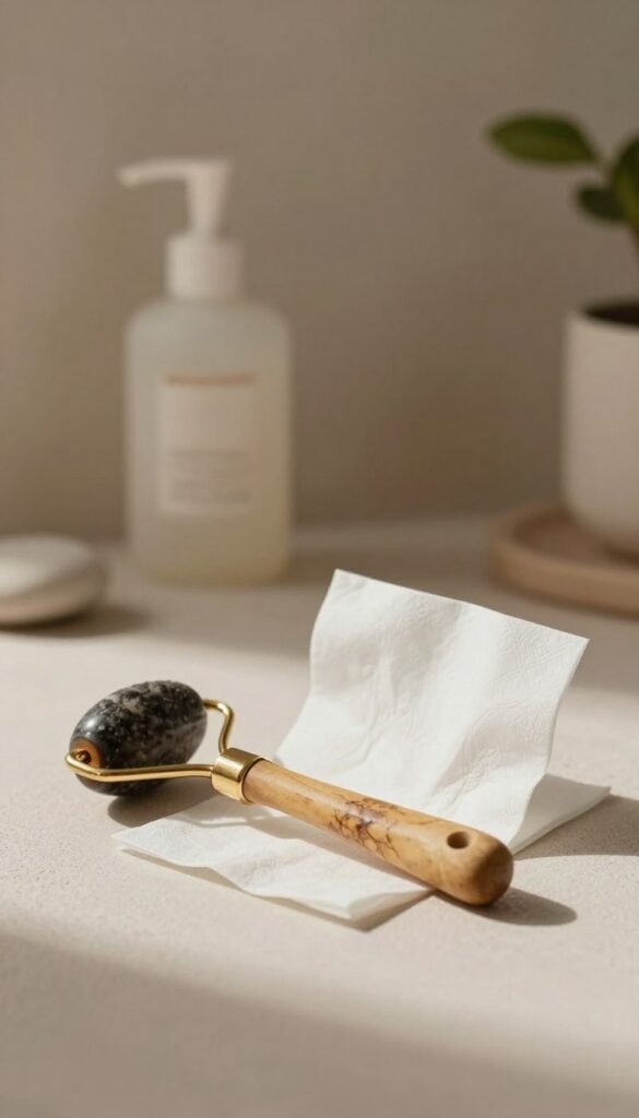 A serene beauty scene featuring a volcanic roller and blotting papers, strategically arranged on a soft, textured surface. In the foreground, highlight the volcanic roller with intricate details, showcasing its natural materials and organic shape. Beside it, elegantly placed blotting papers that catch the light, emphasizing their lightweight and delicate design. In the middle ground, include a faint, blurred outline of a bathroom setting with warm, inviting tones that create a cozy atmosphere. Soft, diffused lighting casts gentle shadows, enhancing the textures of the beauty tools. The background features subtle hints of natural elements like smooth stones and green foliage, evoking a calm, refreshing vibe. The overall mood is one of serenity and empowerment, perfect for achieving a flawless finish. The image is inspired by the brand Ordnungskiste.